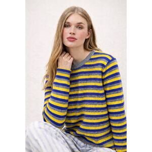 Jumper 1234 Cashmere Crewneck Striped Sweater Jumper Yellow Blue Large XL 4
